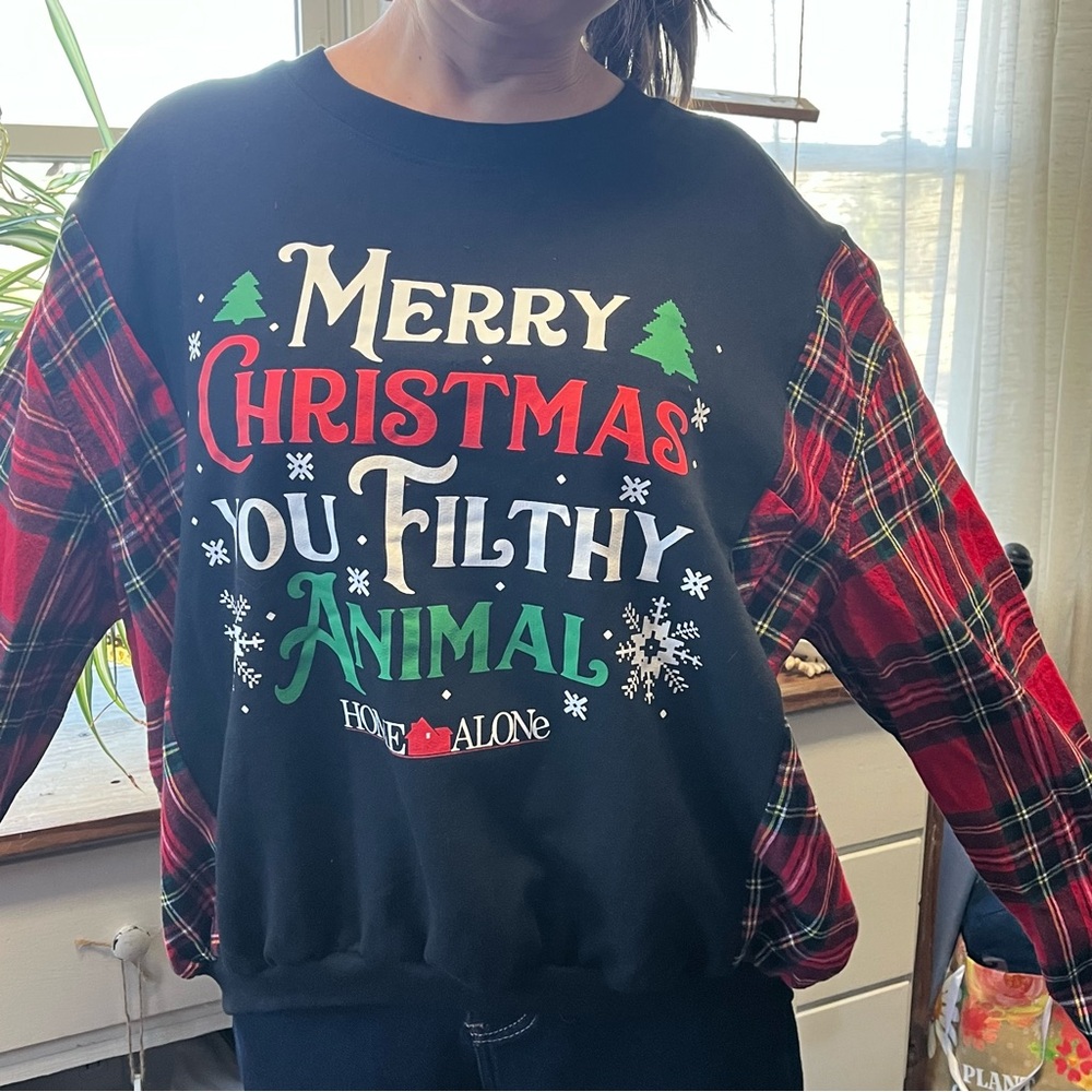 Handmade Upcycled size large Christmas Flannel sweatshirt Home Alone